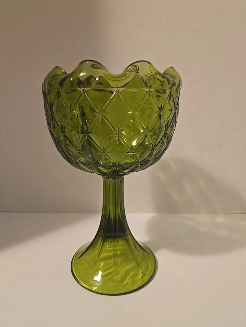 Vtg. Olive Green Indiana Glass Tulip Stem Scalloped Candy Dish Trinkets Planter